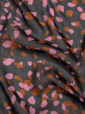Polyester Chiffon with Metallic Gold Pinstripes – Black, Brown and Pink Abstract Spots – Designer Deadstock Polyester Chiffon with Metallic Gold Pinstripes – Black, Brown and Pink Abstract Spots – Designer Deadstock