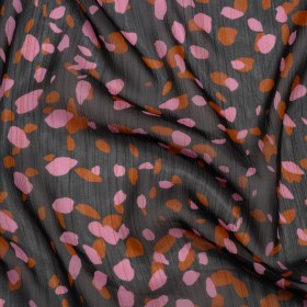 Polyester Chiffon with Metallic Gold Pinstripes – Black, Brown and Pink Abstract Spots – Designer Deadstock Polyester Chiffon with Metallic Gold Pinstripes – Black, Brown and Pink Abstract Spots – Designer Deadstock