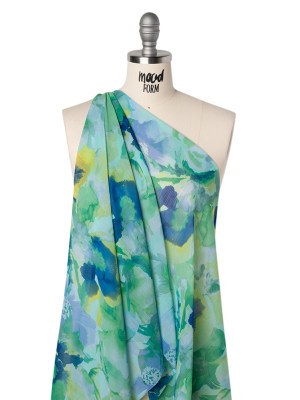 Crinkled Polyester Chiffon Print – Sea Green, Blue and Yellow Painterly Floral – Designer Deadstock Crinkled Polyester Chiffon Print – Sea Green, Blue and Yellow Painterly Floral – Designer Deadstock