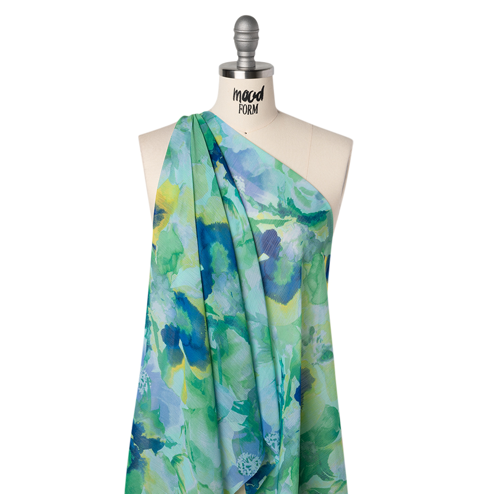 Crinkled Polyester Chiffon Print – Sea Green, Blue and Yellow Painterly Floral – Designer Deadstock Crinkled Polyester Chiffon Print – Sea Green, Blue and Yellow Painterly Floral – Designer Deadstock