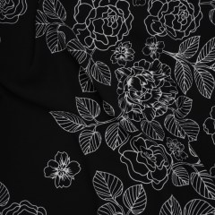 Stretch Polyester Crepe – Black and White Outlined Roses and Flowers – Designer Deadstock Stretch Polyester Crepe – Black and White Outlined Roses and Flowers – Designer Deadstock
