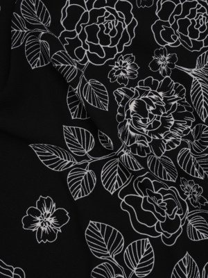 Stretch Polyester Crepe – Black and White Outlined Roses and Flowers – Designer Deadstock Stretch Polyester Crepe – Black and White Outlined Roses and Flowers – Designer Deadstock
