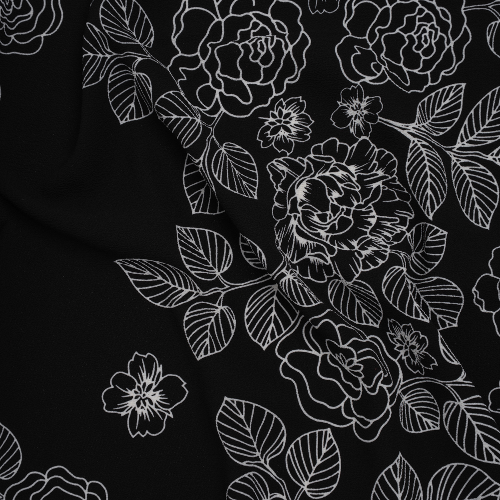 Stretch Polyester Crepe – Black and White Outlined Roses and Flowers – Designer Deadstock Stretch Polyester Crepe – Black and White Outlined Roses and Flowers – Designer Deadstock