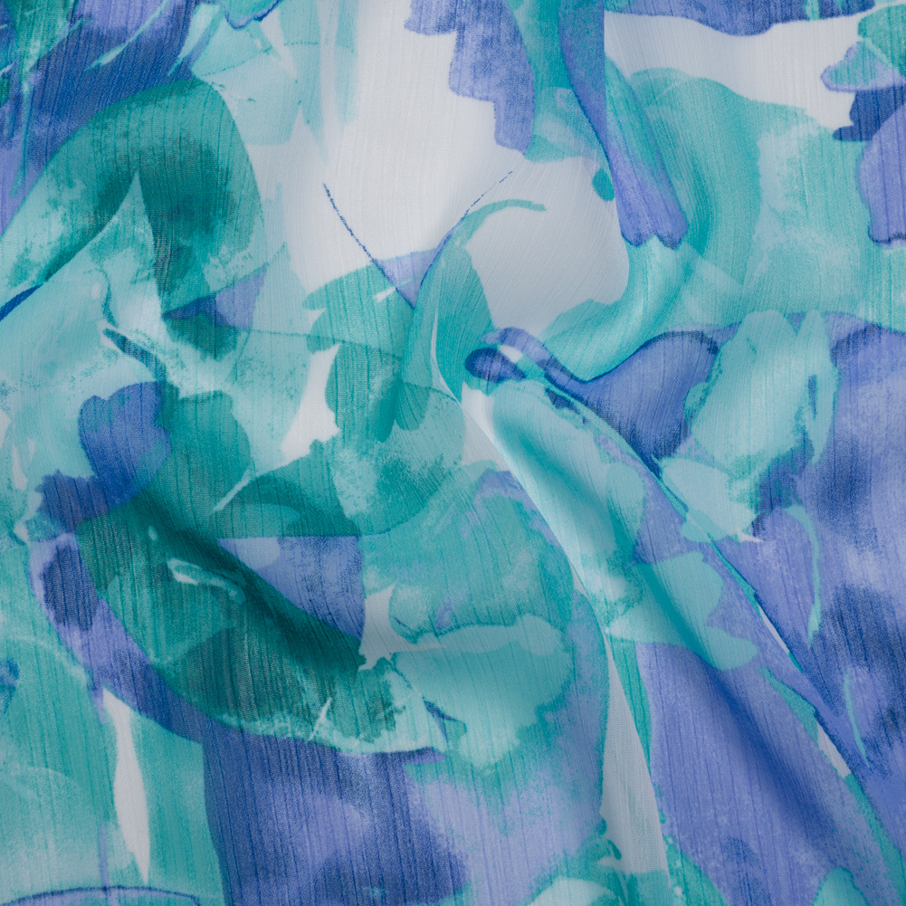 Crinkled Polyester Chiffon Print – Aqua, Periwinkle and Cobalt Blue Abstracted Leaf Impressions – Designer Deadstock Crinkled Polyester Chiffon Print – Aqua, Periwinkle and Cobalt Blue Abstracted Leaf Impressions – Designer Deadstock