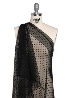 Polyester Tulle with Flocked Polka Dots – Black – Designer Deadstock Polyester Tulle with Flocked Polka Dots – Black – Designer Deadstock