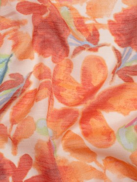 Slubbed Gauzy Rayon and Polyester Woven Print – Papaya Orange, Red and Green Floral – Designer Deadstock Slubbed Gauzy Rayon and Polyester Woven Print – Papaya Orange, Red and Green Floral – Designer Deadstock