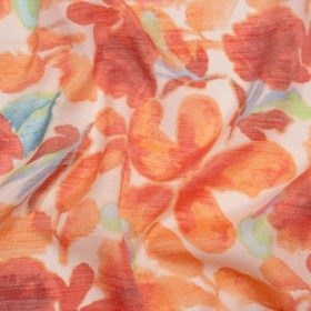 Slubbed Gauzy Rayon and Polyester Woven Print – Papaya Orange, Red and Green Floral – Designer Deadstock Slubbed Gauzy Rayon and Polyester Woven Print – Papaya Orange, Red and Green Floral – Designer Deadstock