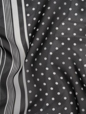 Polyester Chiffon Print – Black and White Polka Dots and Striped Border – Designer Deadstock Polyester Chiffon Print – Black and White Polka Dots and Striped Border – Designer Deadstock
