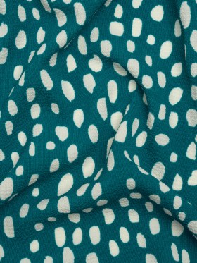 Stretch Polyester Crepe Print – Teal and Ivory Organic Polka Dots – Designer Deadstock Stretch Polyester Crepe Print – Teal and Ivory Organic Polka Dots – Designer Deadstock