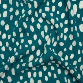 Stretch Polyester Crepe Print – Teal and Ivory Organic Polka Dots – Designer Deadstock Stretch Polyester Crepe Print – Teal and Ivory Organic Polka Dots – Designer Deadstock