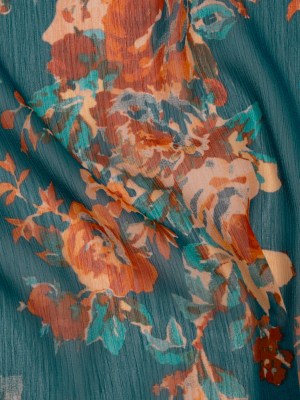 Crinkled Polyester Chiffon Print – Teal and Burnt Orange Floral – Designer Deadstock Crinkled Polyester Chiffon Print – Teal and Burnt Orange Floral – Designer Deadstock