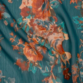 Crinkled Polyester Chiffon Print – Teal and Burnt Orange Floral – Designer Deadstock Crinkled Polyester Chiffon Print – Teal and Burnt Orange Floral – Designer Deadstock