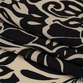 Crinkled Rayon Blend Woven Print – Black and Beige Floral – Designer Deadstock Crinkled Rayon Blend Woven Print – Black and Beige Floral – Designer Deadstock