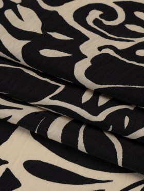 Crinkled Rayon Blend Woven Print – Black and Beige Floral – Designer Deadstock Crinkled Rayon Blend Woven Print – Black and Beige Floral – Designer Deadstock