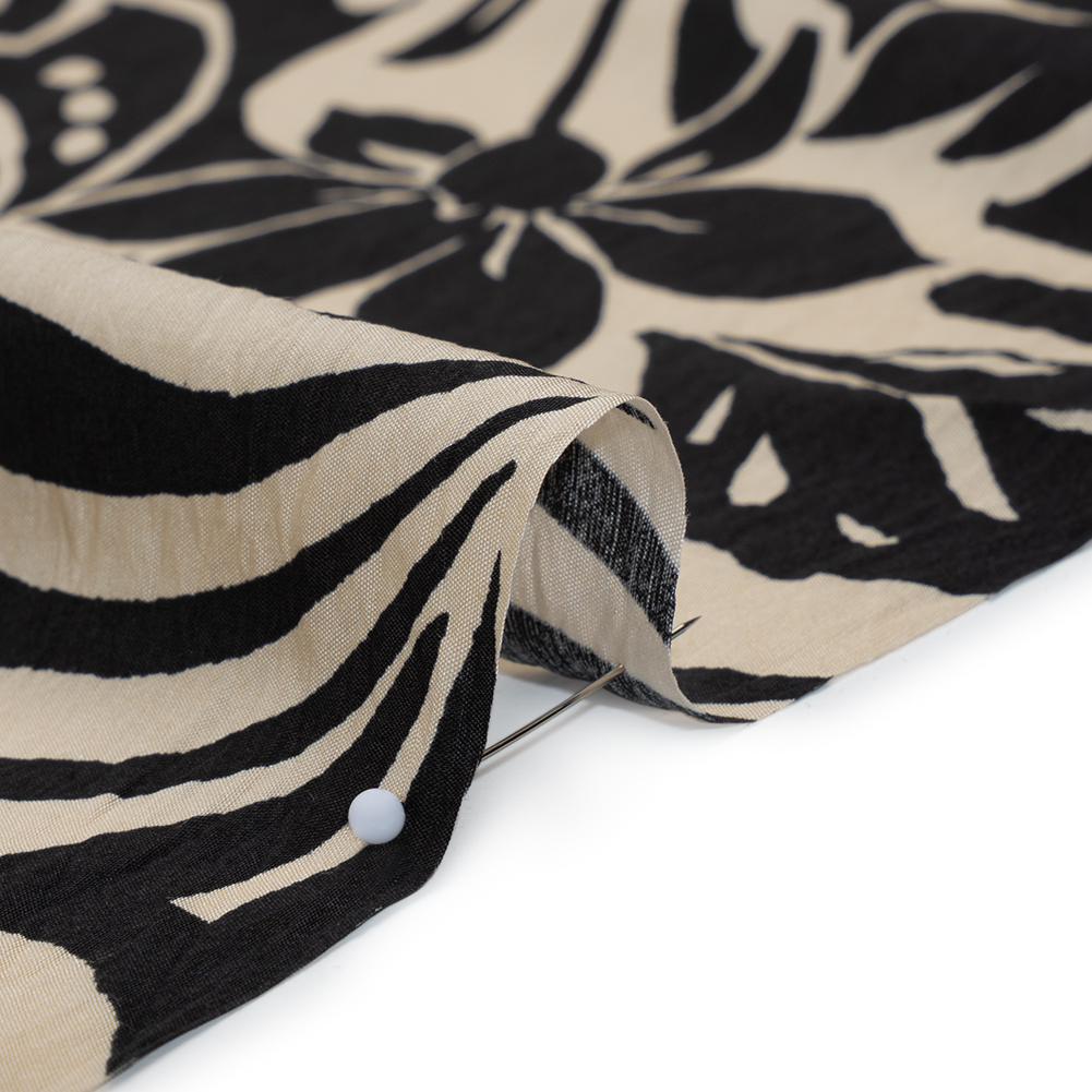 Crinkled Rayon Blend Woven Print - Black and Beige Floral - Designer Deadstock