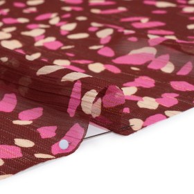 Crinkled Polyester Chiffon Print with Metallic Pinstripes – Burgundy, Pink and Cream Abstract Spots – Designer Deadstock Crinkled Polyester Chiffon Print with Metallic Pinstripes – Burgundy, Pink and Cream Abstract Spots – Designer Deadstock
