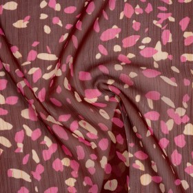 Crinkled Polyester Chiffon Print with Metallic Pinstripes – Burgundy, Pink and Cream Abstract Spots – Designer Deadstock Crinkled Polyester Chiffon Print with Metallic Pinstripes – Burgundy, Pink and Cream Abstract Spots – Designer Deadstock