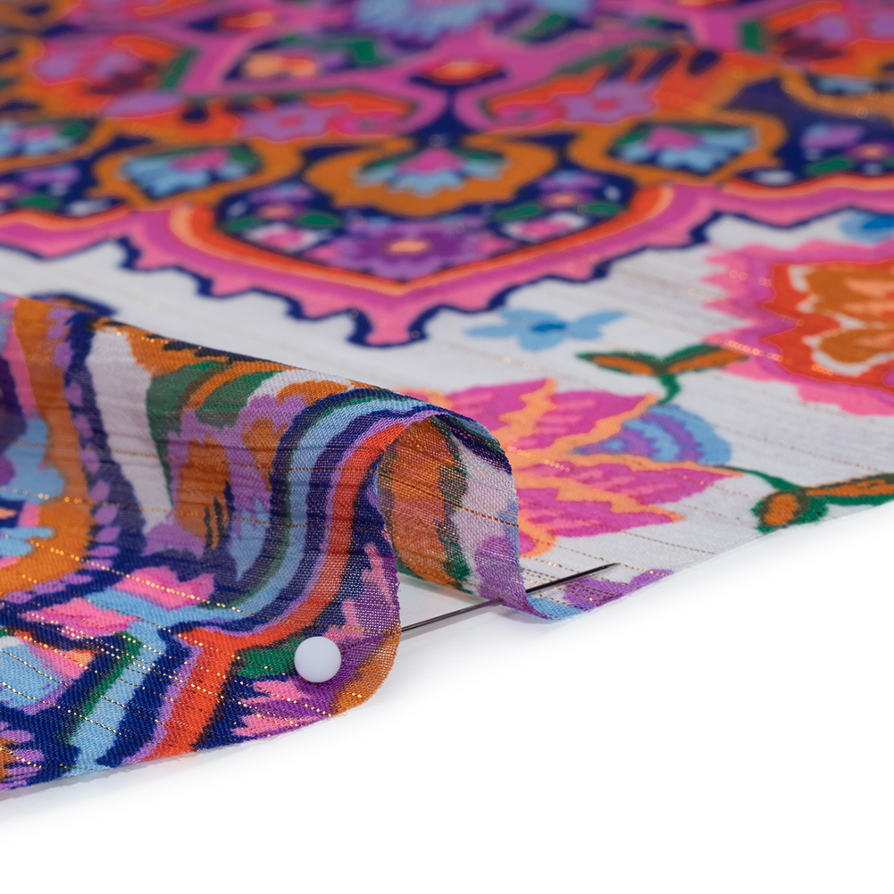 Crinkled Polyester Chiffon Print with Metallic Gold Pinstripes – Pink, Purple and Blue Jacobean Florals and Tiles – Designer Deadstock Crinkled Polyester Chiffon Print with Metallic Gold Pinstripes – Pink, Purple and Blue Jacobean Florals and Tiles – Designer Deadstock