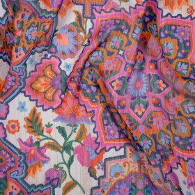 Crinkled Polyester Chiffon Print with Metallic Gold Pinstripes – Pink, Purple and Blue Jacobean Florals and Tiles – Designer Deadstock Crinkled Polyester Chiffon Print with Metallic Gold Pinstripes – Pink, Purple and Blue Jacobean Florals and Tiles – Designer Deadstock