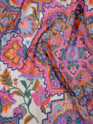 Crinkled Polyester Chiffon Print with Metallic Gold Pinstripes – Pink, Purple and Blue Jacobean Florals and Tiles – Designer Deadstock Crinkled Polyester Chiffon Print with Metallic Gold Pinstripes – Pink, Purple and Blue Jacobean Florals and Tiles – Designer Deadstock