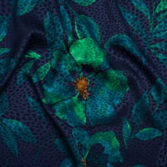 Stretch Satin Faced Polyester Jacquard – Navy, Teal and Green Tropical Plants on Animal Spots – Designer Deadstock Stretch Satin Faced Polyester Jacquard – Navy, Teal and Green Tropical Plants on Animal Spots – Designer Deadstock