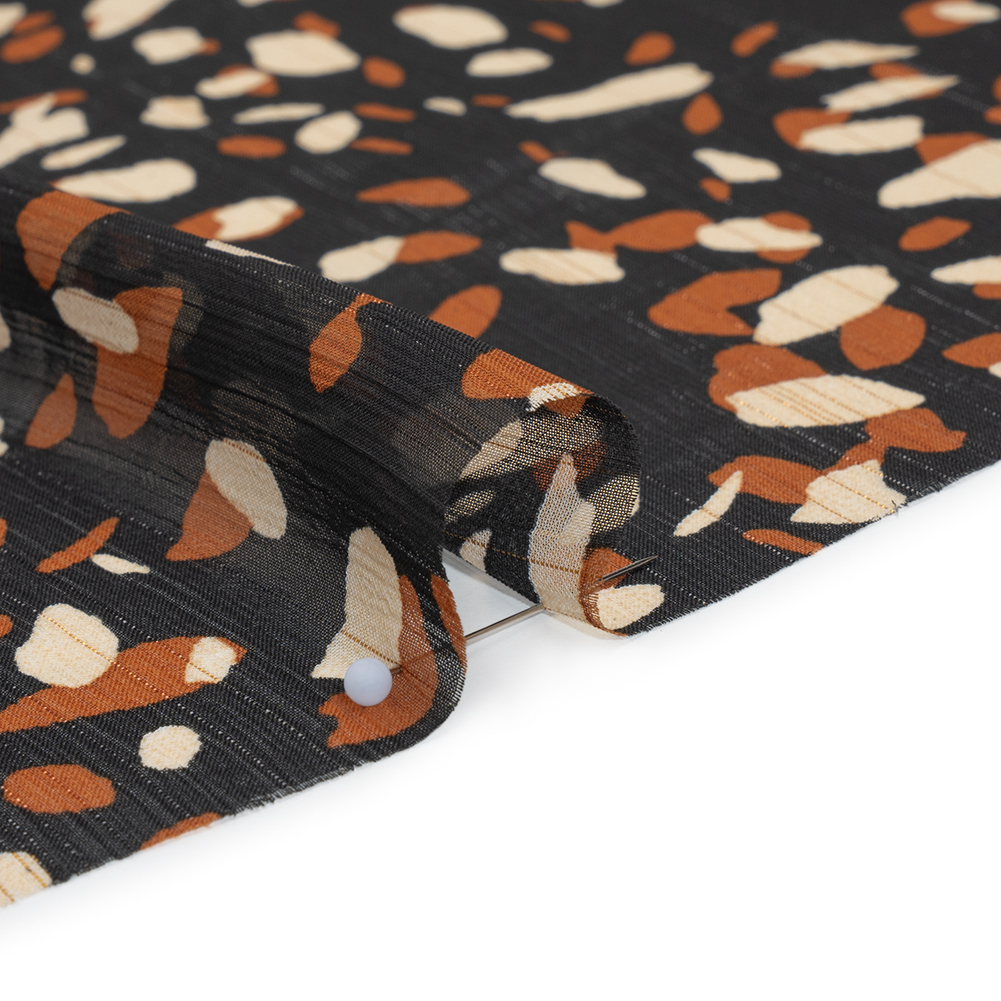 Crinkled Polyester Chiffon with Metallic Gold Pinstripes – Black, White and Tan Spots – Designer Deadstock Crinkled Polyester Chiffon with Metallic Gold Pinstripes – Black, White and Tan Spots – Designer Deadstock