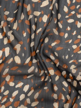 Crinkled Polyester Chiffon with Metallic Gold Pinstripes – Black, White and Tan Spots – Designer Deadstock Crinkled Polyester Chiffon with Metallic Gold Pinstripes – Black, White and Tan Spots – Designer Deadstock