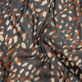 Crinkled Polyester Chiffon with Metallic Gold Pinstripes – Black, White and Tan Spots – Designer Deadstock Crinkled Polyester Chiffon with Metallic Gold Pinstripes – Black, White and Tan Spots – Designer Deadstock