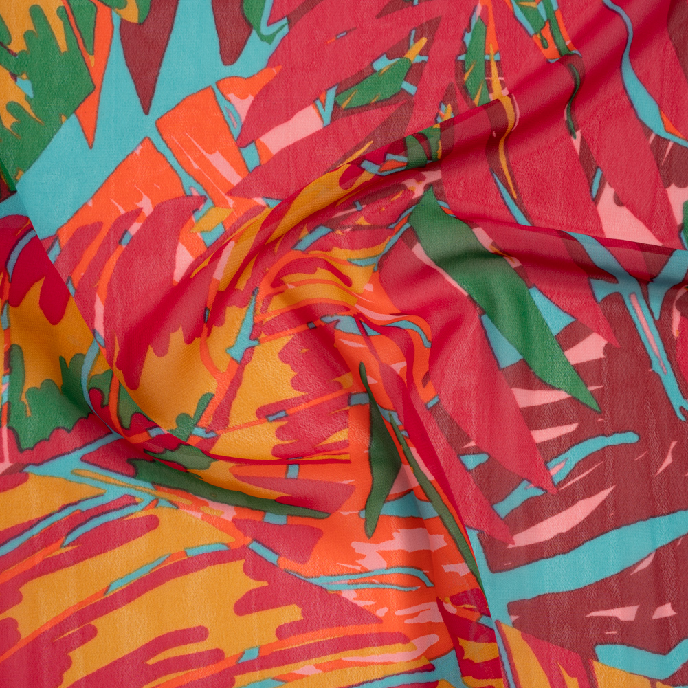 Polyester Chiffon Print – Red, Green and Yellow Tropical Leaves – Designer Deadstock Polyester Chiffon Print – Red, Green and Yellow Tropical Leaves – Designer Deadstock