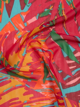 Polyester Chiffon Print – Red, Green and Yellow Tropical Leaves – Designer Deadstock Polyester Chiffon Print – Red, Green and Yellow Tropical Leaves – Designer Deadstock