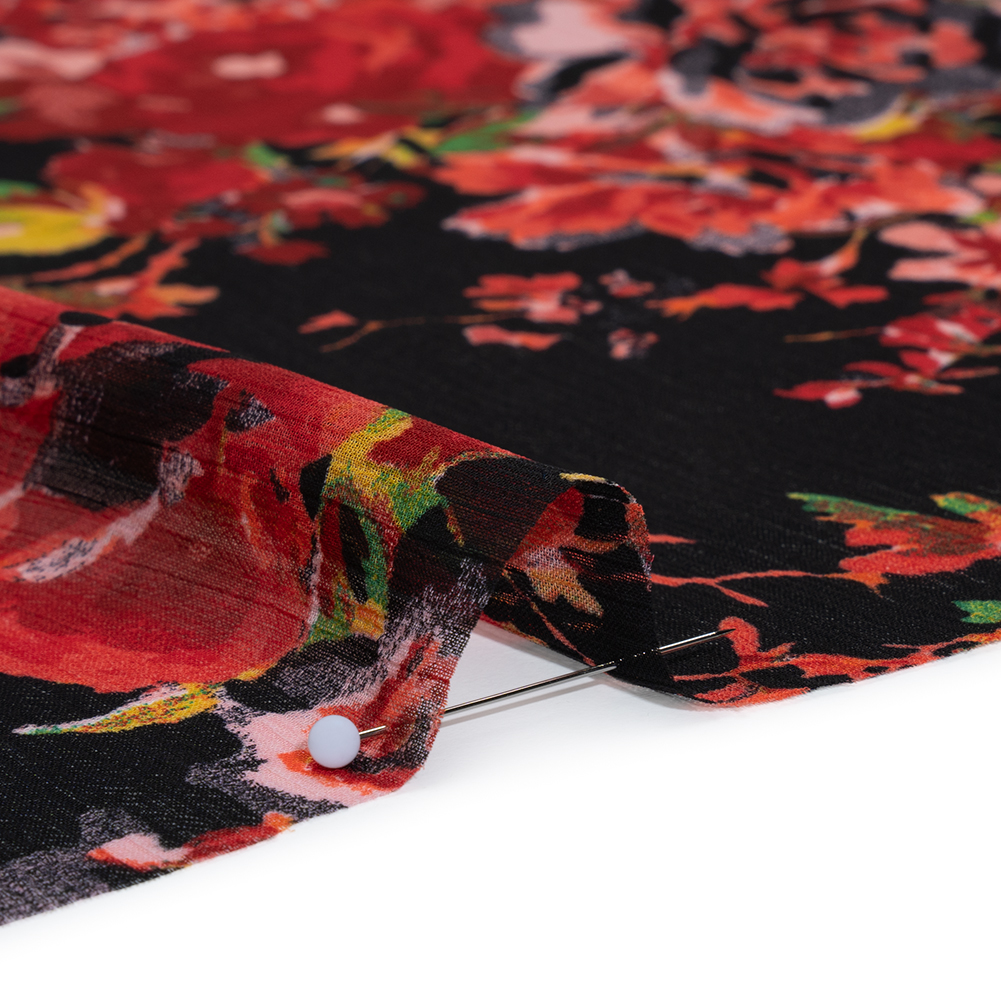 Crinkled Polyester Chiffon Print – Red, Green and Black Floral – Designer Deadstock Crinkled Polyester Chiffon Print – Red, Green and Black Floral – Designer Deadstock