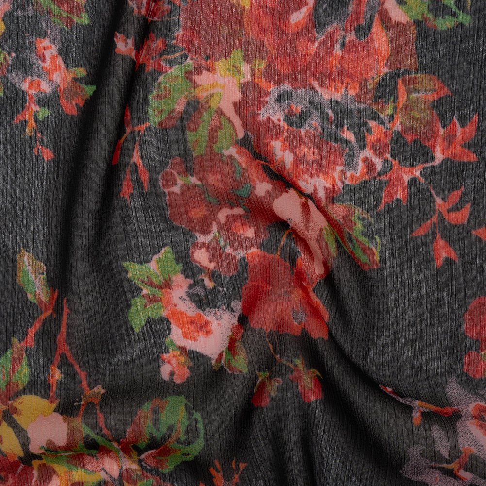 Crinkled Polyester Chiffon Print – Red, Green and Black Floral – Designer Deadstock Crinkled Polyester Chiffon Print – Red, Green and Black Floral – Designer Deadstock