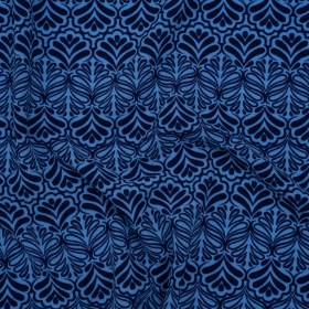 Stretch Polyester Crepe – Blue and Navy Leaf Motifs – Designer Deadstock Stretch Polyester Crepe – Blue and Navy Leaf Motifs – Designer Deadstock