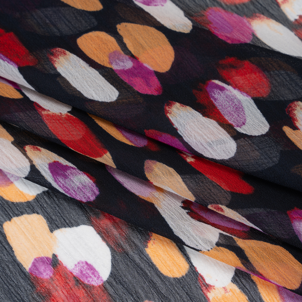 Crinkled Polyester Chiffon Print – Navy, Magenta and Peach Abstract Spots – Designer Deadstock Crinkled Polyester Chiffon Print – Navy, Magenta and Peach Abstract Spots – Designer Deadstock