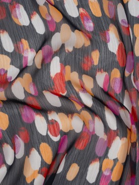 Crinkled Polyester Chiffon Print – Navy, Magenta and Peach Abstract Spots – Designer Deadstock Crinkled Polyester Chiffon Print – Navy, Magenta and Peach Abstract Spots – Designer Deadstock