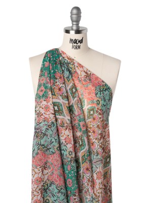 Polyester Chiffon Print – Pink, Mint Green and Yellow Flowers and Tiles Patchwork – Designer Deadstock Polyester Chiffon Print – Pink, Mint Green and Yellow Flowers and Tiles Patchwork – Designer Deadstock