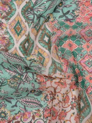 Polyester Chiffon Print – Pink, Mint Green and Yellow Flowers and Tiles Patchwork – Designer Deadstock Polyester Chiffon Print – Pink, Mint Green and Yellow Flowers and Tiles Patchwork – Designer Deadstock