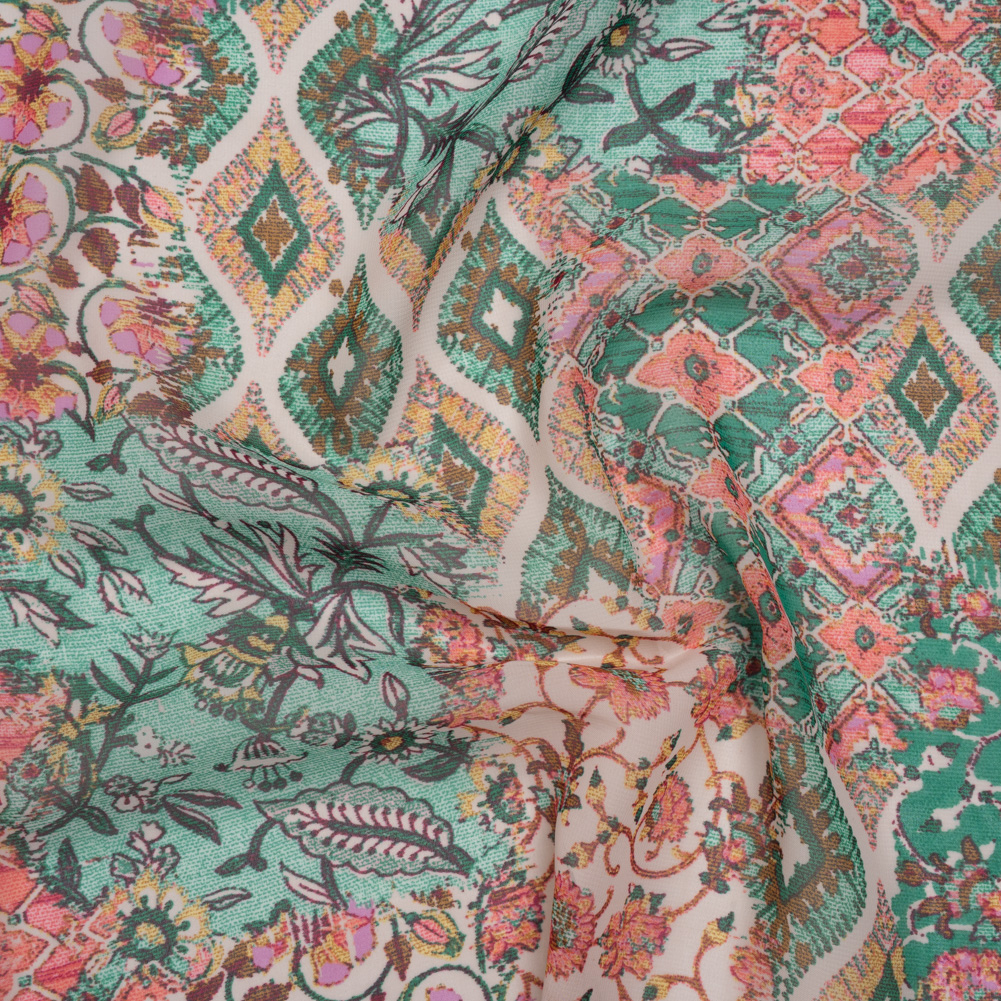 Polyester Chiffon Print – Pink, Mint Green and Yellow Flowers and Tiles Patchwork – Designer Deadstock Polyester Chiffon Print – Pink, Mint Green and Yellow Flowers and Tiles Patchwork – Designer Deadstock