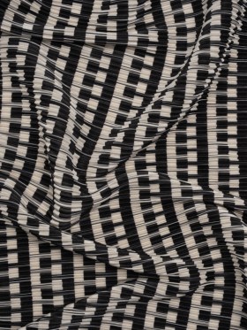 Fine Pleated Polyester Satin – Black and Cream Geometric Stripes – Designer Deadstock Fine Pleated Polyester Satin – Black and Cream Geometric Stripes – Designer Deadstock