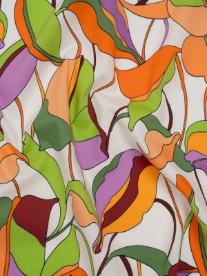 Stretch Cotton Poplin – Lime Green, Orange and Purple Retro Leaves – Designer Deadstock Stretch Cotton Poplin – Lime Green, Orange and Purple Retro Leaves – Designer Deadstock