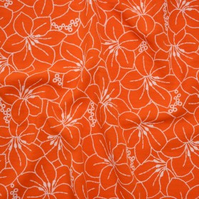 Polyester Crepe with 3D Puffy Print – Orange and White Embroidery Style Hibiscus Floral – Designer Deadstock Polyester Crepe with 3D Puffy Print – Orange and White Embroidery Style Hibiscus Floral – Designer Deadstock