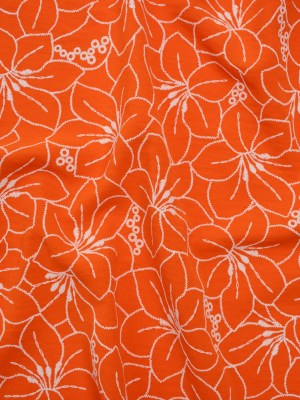 Polyester Crepe with 3D Puffy Print – Orange and White Embroidery Style Hibiscus Floral – Designer Deadstock Polyester Crepe with 3D Puffy Print – Orange and White Embroidery Style Hibiscus Floral – Designer Deadstock