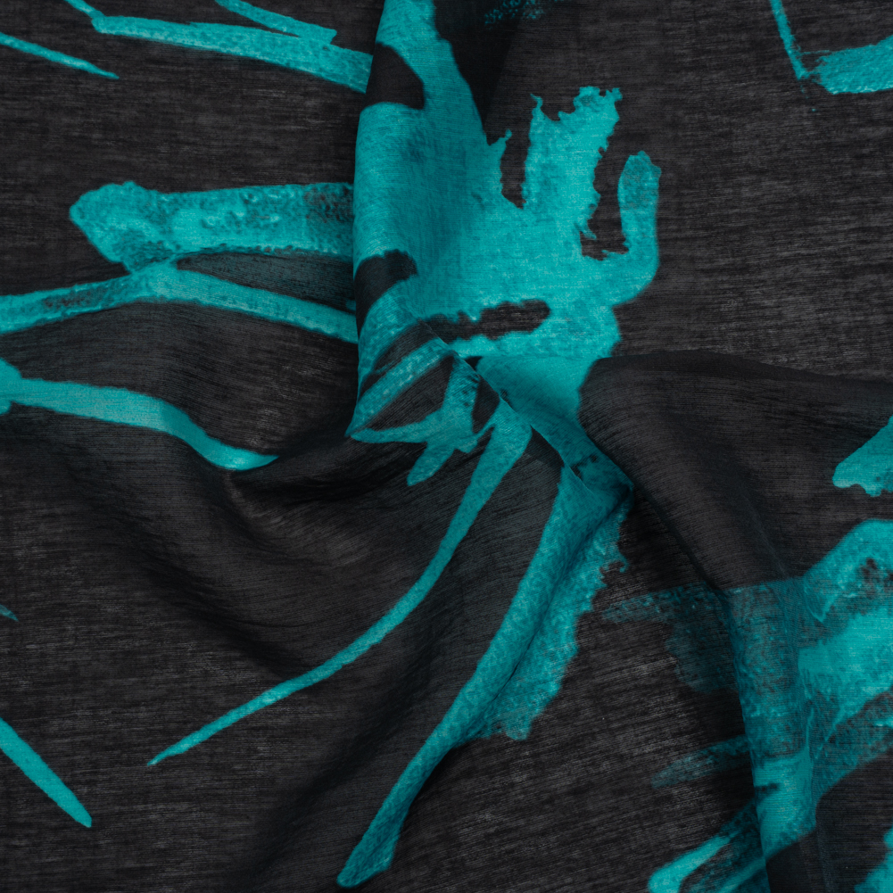 Slubbed Tencel, Nylon and Linen Woven Print – Bright Teal and Black Abstract – Designer Deadstock Slubbed Tencel, Nylon and Linen Woven Print – Bright Teal and Black Abstract – Designer Deadstock