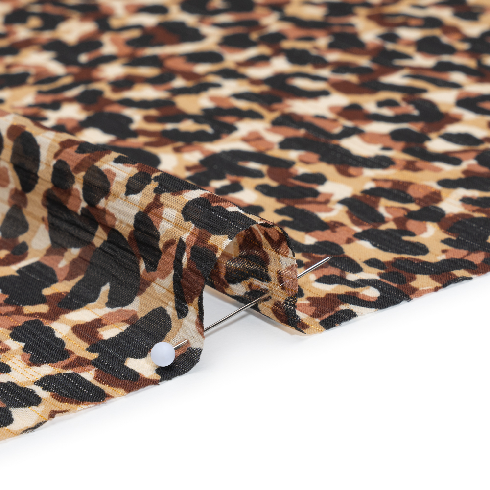 Crinkled Polyester Chiffon Print with Metallic Gold Pinstripes – Black, Brown and Beige Abstract Animal Spots – Designer Deadstock Crinkled Polyester Chiffon Print with Metallic Gold Pinstripes – Black, Brown and Beige Abstract Animal Spots – Designer Deadstock