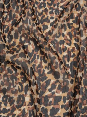 Crinkled Polyester Chiffon Print with Metallic Gold Pinstripes – Black, Brown and Beige Abstract Animal Spots – Designer Deadstock Crinkled Polyester Chiffon Print with Metallic Gold Pinstripes – Black, Brown and Beige Abstract Animal Spots – Designer Deadstock