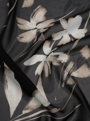 Polyester Chiffon Print – Black, Taupe and White Floral – Designer Deadstock Polyester Chiffon Print – Black, Taupe and White Floral – Designer Deadstock