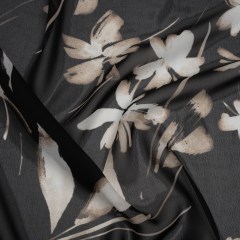 Polyester Chiffon Print – Black, Taupe and White Floral – Designer Deadstock Polyester Chiffon Print – Black, Taupe and White Floral – Designer Deadstock