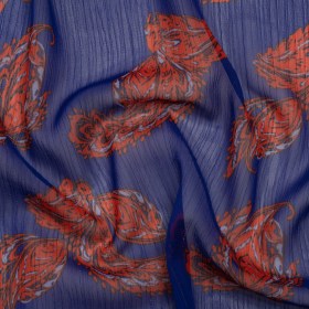 Crinkled Polyester Chiffon with Metallic Silver Pinstripes – Red and Blue Paisleys – Designer Deadstock Crinkled Polyester Chiffon with Metallic Silver Pinstripes – Red and Blue Paisleys – Designer Deadstock