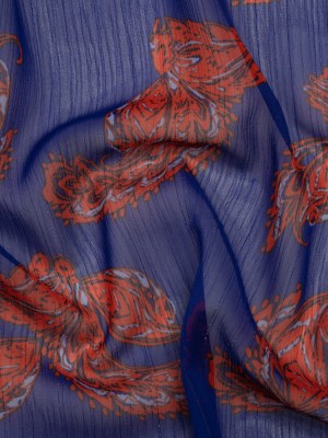 Crinkled Polyester Chiffon with Metallic Silver Pinstripes – Red and Blue Paisleys – Designer Deadstock Crinkled Polyester Chiffon with Metallic Silver Pinstripes – Red and Blue Paisleys – Designer Deadstock