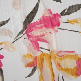 Satin Stripes Polyester Dobby Print – Pink, Golden Yellow and Olive Painterly Tulip Flowers – Designer Deadstock Satin Stripes Polyester Dobby Print – Pink, Golden Yellow and Olive Painterly Tulip Flowers – Designer Deadstock